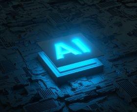 Circuit board and AI micro processor, Artificial intelligence of digital human. 3d render